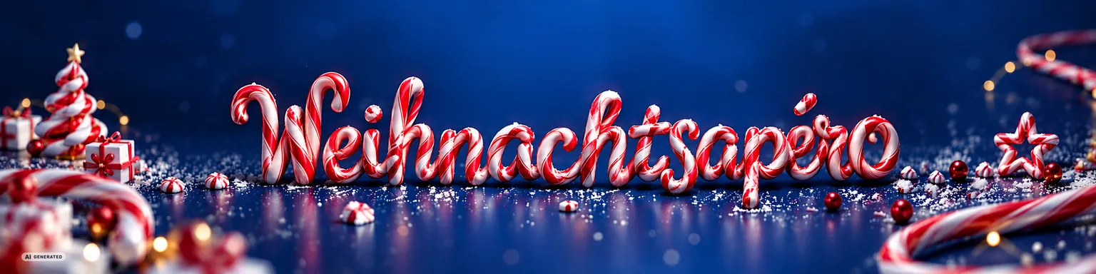 Festliche Szene: Das Wort 'Weihnachtsapéro' aus rot-weiß gestreiften Zuckerstangen-Buchstaben auf dunkelblauem Grund. Dazu Zuckerstangen, Bonbons, rote Kugeln und Geschenke, sowie ein kleiner Zuckerstangen-Weihnachtsbaum. Funkelnde Lichter im Hintergrund.