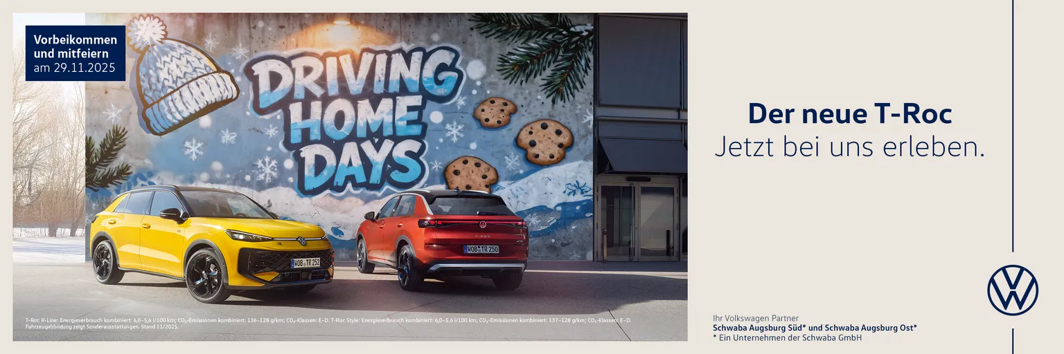 Gelber und roter T-Roc vor Motivwand Driving home days