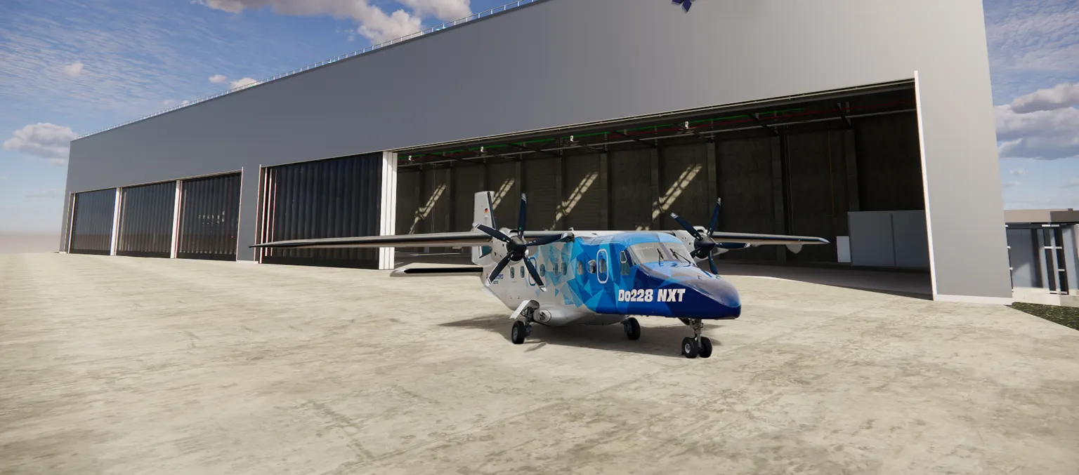 3D-Rendering eines Flugzeugs, das vor dem geöffneten Tor eines neugebauten Flugzeughangars steht.